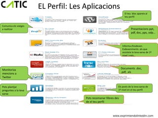 EL Perfil: Les Aplicacions
                                                                      El teu bloc apareix al
                                                                      teu perfil


Comunica els viatges
a realitzar                                                                 Presentacions ppt,
                                                                            pdf, doc, pps, odp…



                                                                    Informa d’esdeven.
                                                                    Esdeveniments als que
                                                                    assisteix la teva xarxa de 1º
                                                                    nivel i més…




Monitoriza                                                         Documents .doc,
mencions a                                                         .pdf, .xls
Twitter


Pots plantjar                                                  Els posts de la teva xarxa de
preguntes a la teva                                            1º nivel en el teu perfil
xarxa
                                      Pots recomanar llibres des
                                      de el teu perfil



                                                           www.exprimiendolinkedin.com
 