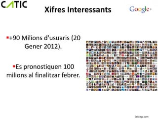 Xifres Interessants


+90 Milions d'usuaris (20
      Gener 2012).

 Es pronostiquen 100
milions al finalitzar febrer.




                                     Existaya.com
 