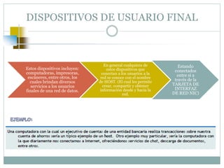 DISPOSITIVOS DE USUARIO FINAL
Estos dispositivos incluyen:
computadoras, impresoras,
escáneres, entre otros, los
cuales brindan diversos
servicios a los usuarios
finales de una red de datos.
En general cualquiera de
estos dispositivos que
conectan a los usuarios a la
red se conoce con el nombre
de HOST. (El cual les permite
crear, compartir y obtener
información desde y hacia la
red.
Estando
conectados
entre si a
través de la
TARJETA DE
INTERFAZ
DE RED NIC)
 