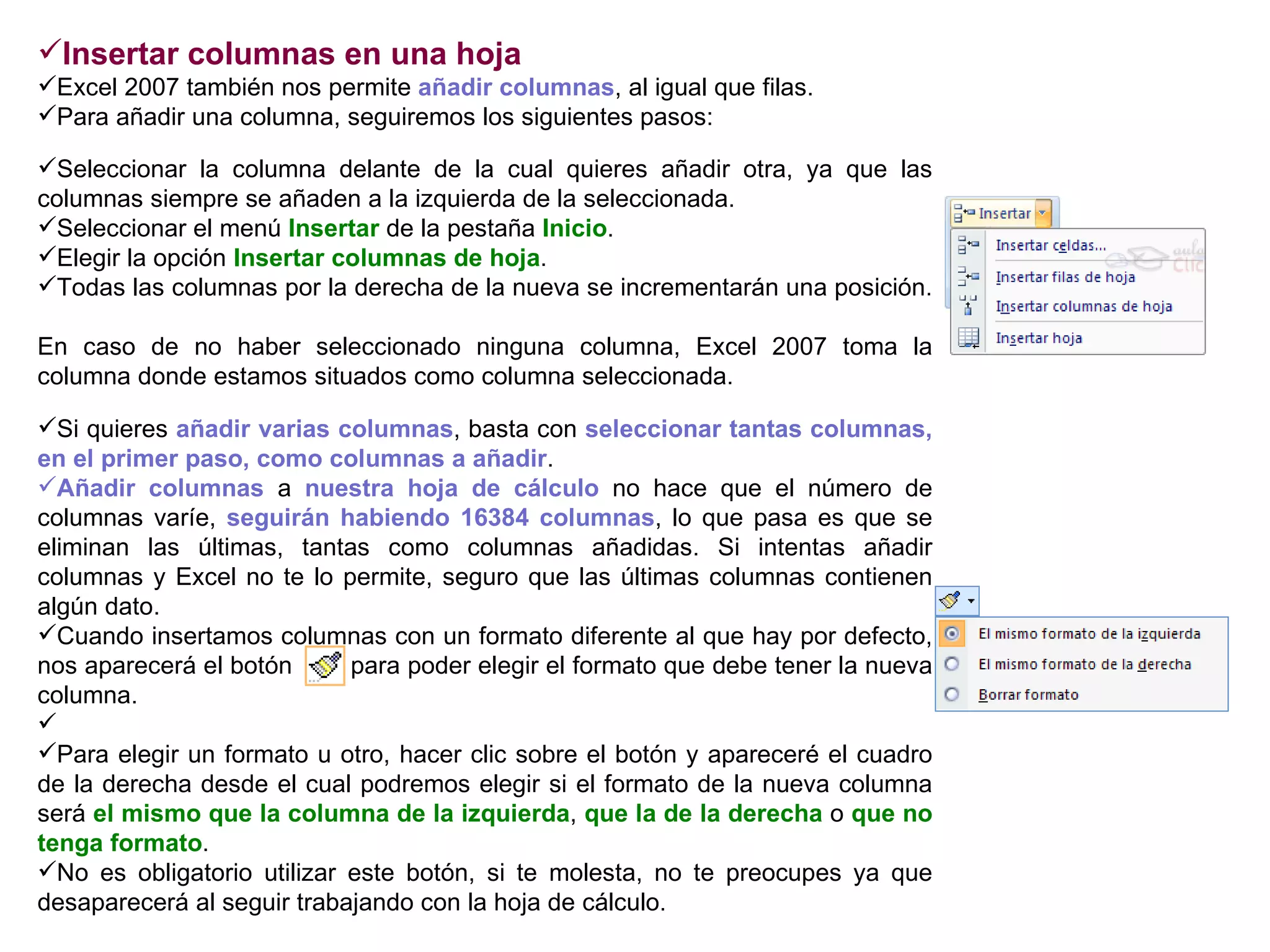 Insertar columnas en una hoja    Excel 2007 también nos permite  añadir columnas , al igual que filas.  Para añadir una columna, seguiremos los siguientes pasos:  Seleccionar la columna delante de la cual quieres añadir otra, ya que las columnas siempre se añaden a la izquierda de la seleccionada.  Seleccionar el menú  Insertar  de la pestaña  Inicio .  Elegir la opción  Insertar columnas de hoja .  Todas las columnas por la derecha de la nueva se incrementarán una posición.   En caso de no haber seleccionado ninguna columna, Excel 2007 toma la columna donde estamos situados como columna seleccionada.   Si quieres  añadir varias columnas , basta con  seleccionar tantas columnas, en el primer paso, como columnas a añadir .  Añadir columnas  a  nuestra hoja de cálculo  no hace que el número de columnas varíe,  seguirán habiendo 16384 columnas , lo que pasa es que se eliminan las últimas, tantas como columnas añadidas. Si intentas añadir columnas y Excel no te lo permite, seguro que las últimas columnas contienen algún dato.  Cuando insertamos columnas con un formato diferente al que hay por defecto, nos aparecerá el botón  para poder elegir el formato que debe tener la nueva columna. Para elegir un formato u otro, hacer clic sobre el botón y apareceré el cuadro de la derecha desde el cual podremos elegir si el formato de la nueva columna será  el mismo que la columna de la izquierda ,  que la de la derecha  o  que no tenga formato . No es obligatorio utilizar este botón, si te molesta, no te preocupes ya que desaparecerá al seguir trabajando con la hoja de cálculo. 