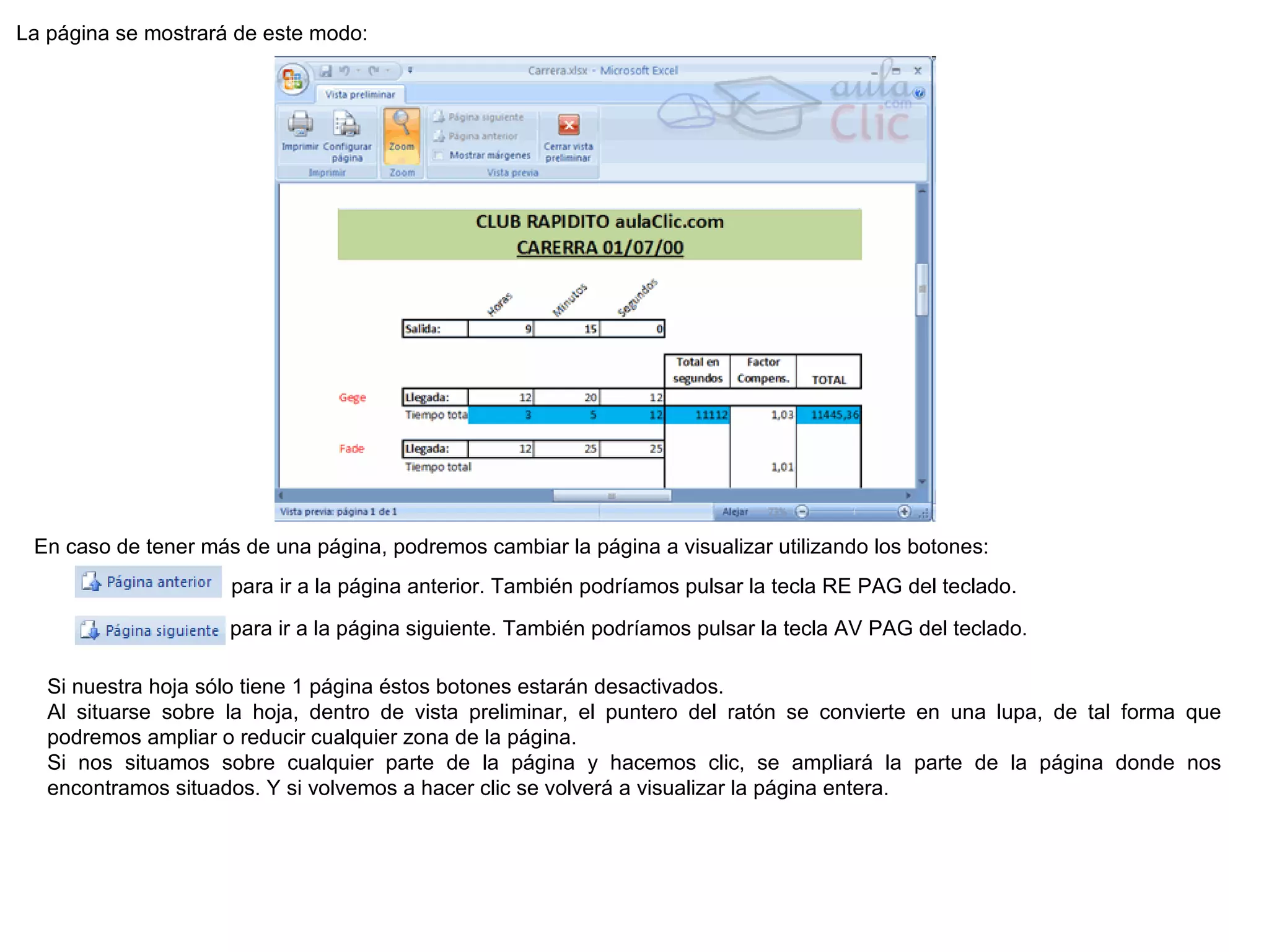 La página se mostrará de este modo:  En caso de tener más de una página, podremos cambiar la página a visualizar utilizando los botones:                     para ir a la página anterior. También podríamos pulsar la tecla RE PAG del teclado.                     para ir a la página siguiente. También podríamos pulsar la tecla AV PAG del teclado.  Si nuestra hoja sólo tiene 1 página éstos botones estarán desactivados.  Al situarse sobre la hoja, dentro de vista preliminar, el puntero del ratón se convierte en una lupa, de tal forma que podremos ampliar o reducir cualquier zona de la página.  Si nos situamos sobre cualquier parte de la página y hacemos clic, se ampliará la parte de la página donde nos encontramos situados. Y si volvemos a hacer clic se volverá a visualizar la página entera.  