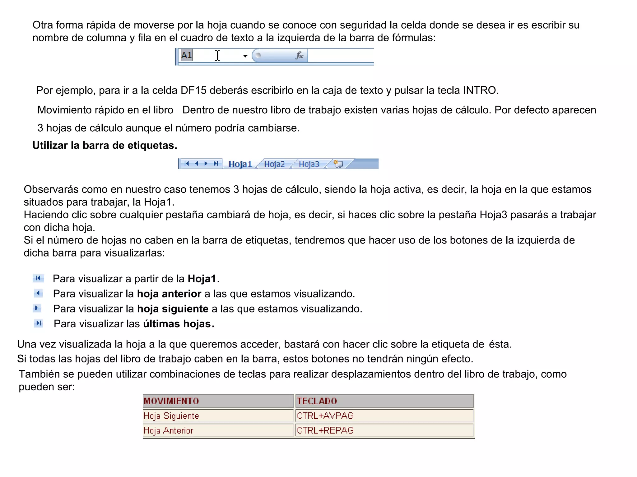 Otra forma rápida de moverse por la hoja cuando se conoce con seguridad la celda donde se desea ir es escribir su nombre de columna y fila en el cuadro de texto a la izquierda de la barra de fórmulas:  Por ejemplo, para ir a la celda DF15 deberás escribirlo en la caja de texto y pulsar la tecla INTRO.   Movimiento rápido en el libro   Dentro de nuestro libro de trabajo existen varias hojas de cálculo. Por defecto aparecen 3 hojas de cálculo aunque el número podría cambiarse.   Utilizar la barra de etiquetas.   Observarás como en nuestro caso tenemos 3 hojas de cálculo, siendo la hoja activa, es decir, la hoja en la que estamos situados para trabajar, la Hoja1.  Haciendo clic sobre cualquier pestaña cambiará de hoja, es decir, si haces clic sobre la pestaña Hoja3 pasarás a trabajar con dicha hoja.  Si el número de hojas no caben en la barra de etiquetas, tendremos que hacer uso de los botones de la izquierda de dicha barra para visualizarlas:        Para visualizar a partir de la  Hoja1 .      Para visualizar la  hoja anterior  a las que estamos visualizando.       Para visualizar la  hoja siguiente  a las que estamos visualizando.        Para visualizar las  últimas hojas .  Una vez visualizada la hoja a la que queremos acceder, bastará con hacer clic sobre la etiqueta de   ésta.   Si todas las hojas del libro de trabajo caben en la barra, estos botones no tendrán ningún efecto.   También se pueden utilizar combinaciones de teclas para realizar desplazamientos dentro del libro de trabajo, como pueden ser:  