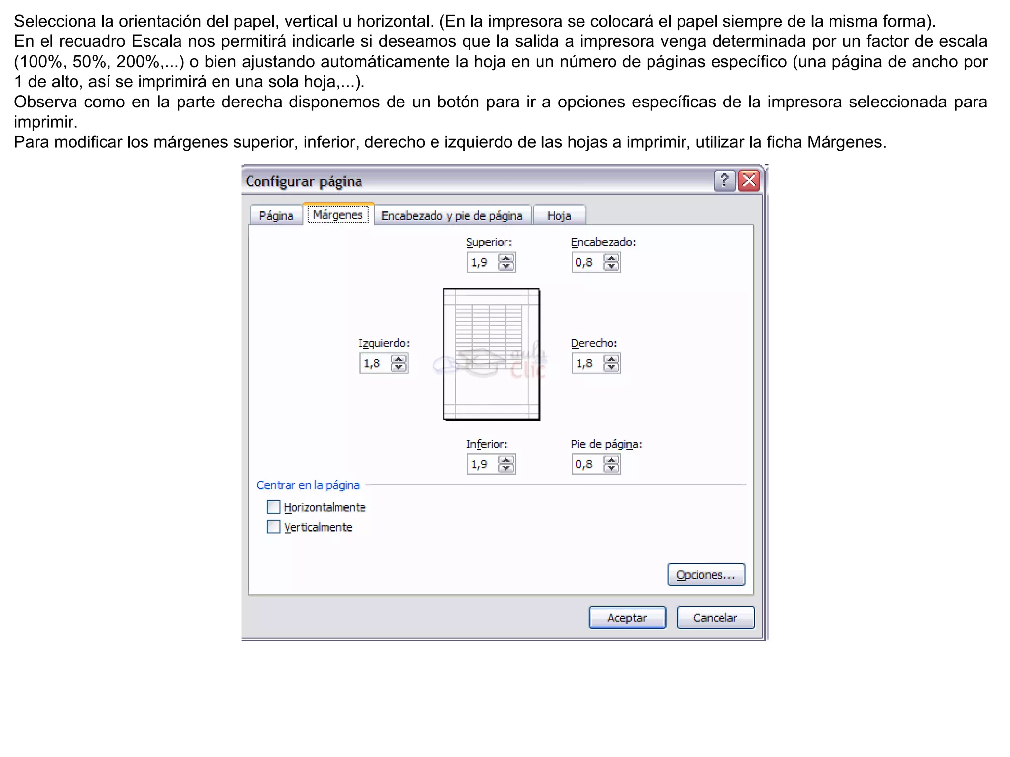 Selecciona la orientación del papel, vertical u horizontal. (En la impresora se colocará el papel siempre de la misma forma).  En el recuadro Escala nos permitirá indicarle si deseamos que la salida a impresora venga determinada por un factor de escala (100%, 50%, 200%,...) o bien ajustando automáticamente la hoja en un número de páginas específico (una página de ancho por 1 de alto, así se imprimirá en una sola hoja,...).  Observa como en la parte derecha disponemos de un botón para ir a opciones específicas de la impresora seleccionada para imprimir.  Para modificar los márgenes superior, inferior, derecho e izquierdo de las hojas a imprimir, utilizar la ficha Márgenes. 
