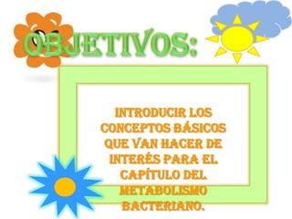 Introducir los
conceptos básicos
 que van hacer de
  interés para el
    capítulo del
    metabolismo
    bacteriano.
 