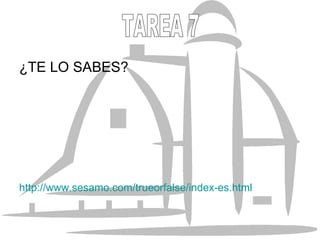 ¿TE LO SABES? http://www.sesamo.com/trueorfalse/index-es.html TAREA 7 