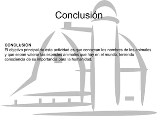 Conclusión CONCLUSIÓN El objetivo principal de esta actividad es que conozcan los nombres de los animales y que sepan valorar las especies animales que hay en el mundo, teniendo consciencia de su importancia para la humanidad. 