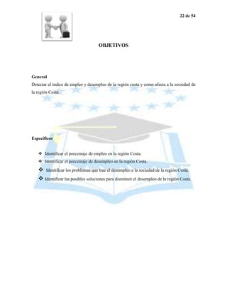 22 de 54




                                    OBJETIVOS




General
Detectar el índice de empleo y desempleo de la región costa y como afecta a la sociedad de
la región Costa.




Específicos


    Identificar el porcentaje de empleo en la región Costa.
    Identificar el porcentaje de desempleo en la región Costa.
    Identificar los problemas que trae el desempleo a la sociedad de la región Costa.
    Identificar las posibles soluciones para disminuir el desempleo de la región Costa.
 