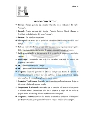 36 de 54




                         MARCO CONCEPTUAL
 Empleo: Primera persona del singular Presente, modo Indicativo del verbo
   "emplear".
 Empleó: Tercera persona del singular Pretérito Perfecto Simple (Pasado o
   Pretérito), modo Indicativo del verbo "emplear".
 Emplear: Dar trabajo a una persona
 Desempleo: Esta forma por la población activa (en edad del trabajo) que no tiene
   trabajo.
 Balanza comercial: Es la diferencia entre exportaciones e importaciones el registro
   de las importaciones y exportaciones de un país durante un periodo de tiempo.
 Crisis económica: Es la fase depresiva de la evolución de un proceso económico
   recesivo.
 Exportación: Es cualquier bien o servicio enviado a otra parte del mundo con
   propósitos comerciales.
 PET: Población en Edad de Trabajar.
 PEA: Población Económicamente Activa.
 Ocupados: Todas las personas en edad de trabajar que durante la semana de
   referencia, trabajaron al menos una hora, recibiendo un pago en dinero o en especie,
   o un beneficio de empleado/empleador o cuenta propia.
 Ocupados Tradicionales: Ocupados que respondieron afirmativamente desde un
   inicio que trabajaron la semana pasada.
 Ocupados no Tradicionales: ocupados que al consultar inicialmente si trabajaron
   la semana pasada, respondieron que no lo hicieron, y luego en una serie de
   preguntas más inclusivas y abiertas responden que sí trabajaron.
 Ocupados Ausentes: ocupados que durante la semana de referencia, no trabajaron
   por diversas razones, pero que mantuvieron un vínculo estrecho con su empleo.
 