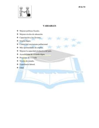 40 de 54




                                VARIABLES

 Mejorar políticas fiscales.
 Mejorar niveles de educación.
 Capacitación a los Jóvenes.
 Empleo digno.
 Control del crecimiento poblacional.
 Más oportunidades de empleo.
 Mejorar la capacidad productiva del país.
 Accesibilidad de vivienda digna.
 Proyectos de vivienda.
 Niveles de estudio.
 Experiencia laboral.
 Edad.
 