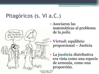 Pitagóricos (s. VI a.C.)
                   • Asociaron las
                     matemáticas al problema
                     de la polis.

                   • Virtud: equilibrio
                     proporcional – Justicia

                   • La justicia distributiva
                     era vista como una especie
                     de armonía, como una
                     proporción.
 