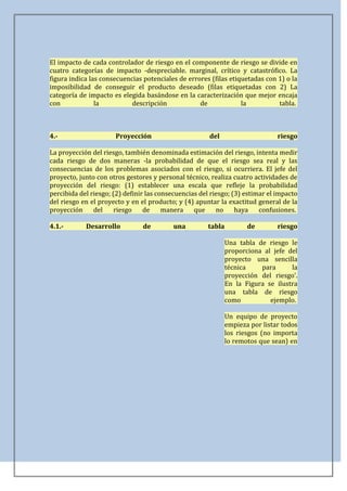 El impacto de cada controlador de riesgo en el componente de riesgo se divide en
cuatro categorías de impacto -despreciable. marginal, crítico y catastrófico. La
figura indica las consecuencias potenciales de errores (filas etiquetadas con 1) o la
imposibilidad de conseguir el producto deseado (filas etiquetadas con 2) La
categoría de impacto es elegida basándose en la caracterización que mejor encaja
con             la          descripción            de             la          tabla.



4.-                   Proyección                       del                      riesgo

La proyección del riesgo, también denominada estimación del riesgo, intenta medir
cada riesgo de dos maneras -la probabilidad de que el riesgo sea real y las
consecuencias de los problemas asociados con el riesgo, si ocurriera. El jefe del
proyecto, junto con otros gestores y personal técnico, realiza cuatro actividades de
proyección del riesgo: (1) establecer una escala que refleje la probabilidad
percibida del riesgo; (2) definir las consecuencias del riesgo; (3) estimar el impacto
del riesgo en el proyecto y en el producto; y (4) apuntar la exactitud general de la
proyección     del     riesgo    de     manera    que     no     haya    confusiones.

4.1.-       Desarrollo          de        una          tabla          de        riesgo

                                                               Una tabla de riesgo le
                                                               proporciona al jefe del
                                                               proyecto una sencilla
                                                               técnica    para      la
                                                               proyección del riesgo'.
                                                               En la Figura se ilustra
                                                               una tabla de riesgo
                                                               como          ejemplo.

                                                               Un equipo de proyecto
                                                               empieza por listar todos
                                                               los riesgos (no importa
                                                               lo remotos que sean) en
 