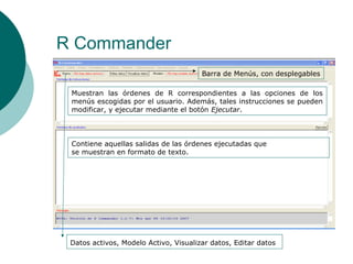 R Commander
                                       Barra de Menús, con desplegables

 Muestran las órdenes de R correspondientes a las opciones de los
 menús escogidas por el usuario. Además, tales instrucciones se pueden
 modificar, y ejecutar mediante el botón Ejecutar.




 Contiene aquellas salidas de las órdenes ejecutadas que
 se muestran en formato de texto.




 Datos activos, Modelo Activo, Visualizar datos, Editar datos
 