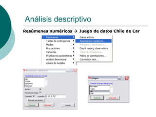 Análisis descriptivo
Resúmenes numéricos  Juego de datos Chile de Car
 