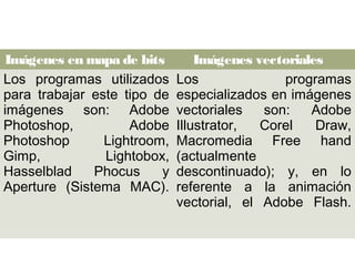 Imágenes en mapa de bits Imágenes vectoriales
Los programas utilizados
para trabajar este tipo de
imágenes son: Adobe
Photoshop, Adobe
Photoshop Lightroom,
Gimp, Lightobox,
Hasselblad Phocus y
Aperture (Sistema MAC).
Los programas
especializados en imágenes
vectoriales son: Adobe
Illustrator, Corel Draw,
Macromedia Free hand
(actualmente
descontinuado); y, en lo
referente a la animación
vectorial, el Adobe Flash.
 