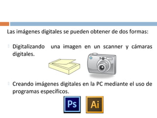 Las imágenes digitales se pueden obtener de dos formas:
 Digitalizando una imagen en un scanner y cámaras
digitales.
 Creando imágenes digitales en la PC mediante el uso de
programas específicos.
 