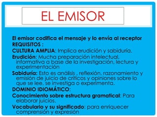 El emisor codifica el mensaje y lo envía al receptor
REQUISITOS :
CULTURA AMPLIA: Implica erudición y sabiduría.
Erudición: Mucha preparación intelectual,
informativa a base de la investigación, lectura y
experimentación
Sabiduría: Esto es análisis , reflexión, razonamiento y
emisión de juicio de críticos y opiniones sobre lo
que se lee, se investiga o experimenta.
DOMINIO IDIOMÁTICO:
Conocimiento sobre estructura gramatical: Para
elaborar juicios.
Vocabulario y su significado: para enriquecer
comprensión y expresión

 
