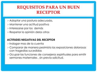 REQUISITOS PARA UN BUEN
RECEPTOR
 Adoptar una postura adecuada.
 Mantener una actitud positiva
 Interesarse por los demás
 Respetar la opinión delos otros
ACTITUDES NEGATIVAS DEL RECEPTOR
 Indagar mas de la cuenta
 Comparar de manera pesimista las exposiciones dolorosas
con tragedias sucedidas
 Ocupar las funciones de consejeros espirituales para emitir
sermones maternales , sin previa solicitud.

 