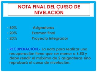 • 60%
• 20%
• 20%

Asignaturas
Examen final
Proyecto integrador

• RECUPERACIÓN.- La nota para realizar una
recuperación tiene que ser menor a 6,50 y
debe rendir el máximo de 2 asignaturas sino
reprobará el curso de nivelación.

 