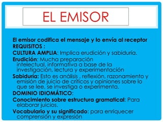 El emisor codifica el mensaje y lo envía al receptor
REQUISITOS :
CULTURA AMPLIA: Implica erudición y sabiduría.
Erudición: Mucha preparación
intelectual, informativa a base de la
investigación, lectura y experimentación
Sabiduría: Esto es análisis , reflexión, razonamiento y
emisión de juicio de críticos y opiniones sobre lo
que se lee, se investiga o experimenta.
DOMINIO IDIOMÁTICO:
Conocimiento sobre estructura gramatical: Para
elaborar juicios.
Vocabulario y su significado: para enriquecer
comprensión y expresión

 