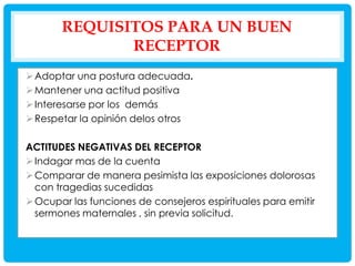 REQUISITOS PARA UN BUEN
RECEPTOR
 Adoptar una postura adecuada.
 Mantener una actitud positiva
 Interesarse por los demás
 Respetar la opinión delos otros
ACTITUDES NEGATIVAS DEL RECEPTOR
 Indagar mas de la cuenta
 Comparar de manera pesimista las exposiciones dolorosas
con tragedias sucedidas
 Ocupar las funciones de consejeros espirituales para emitir
sermones maternales , sin previa solicitud.

 