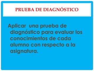 PRUEBA DE DIAGNÓSTICO

Aplicar una prueba de
diagnóstico para evaluar los
conocimientos de cada
alumno con respecto a la
asignatura.

 