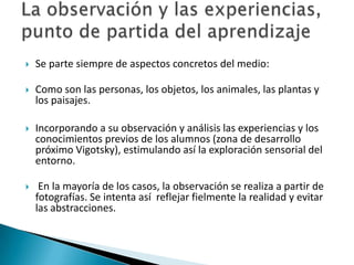 

Se parte siempre de aspectos concretos del medio:



Como son las personas, los objetos, los animales, las plantas y
los paisajes.



Incorporando a su observación y análisis las experiencias y los
conocimientos previos de los alumnos (zona de desarrollo
próximo Vigotsky), estimulando así la exploración sensorial del
entorno.



En la mayoría de los casos, la observación se realiza a partir de
fotografías. Se intenta así reflejar fielmente la realidad y evitar
las abstracciones.

 