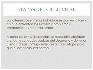 ETAPAS DEL CICLO VITAL
Las diferencias entre los individuos se dan en la forma
en que enfrentan los sucesos y problemas
característicos de cada etapa.
A pesar de estas diferencias, es necesario satisfacer
ciertas necesidades básicas del desarrollo y dominar
ciertas tareas correspondientes a cada etapa para
que el desarrollo sea normal.

 