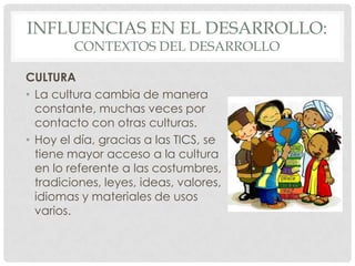 INFLUENCIAS EN EL DESARROLLO:
CONTEXTOS DEL DESARROLLO

CULTURA
• La cultura cambia de manera
constante, muchas veces por
contacto con otras culturas.
• Hoy el día, gracias a las TICS, se
tiene mayor acceso a la cultura
en lo referente a las costumbres,
tradiciones, leyes, ideas, valores,
idiomas y materiales de usos
varios.

 