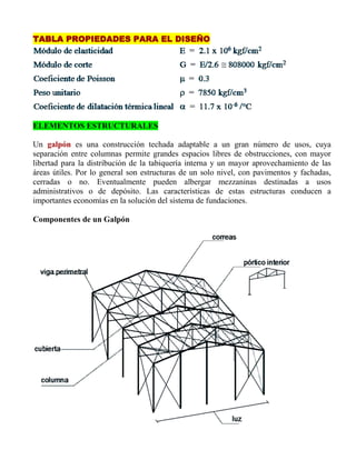 TABLA PROPIEDADES PARA EL DISEÑO

ELEMENTOS ESTRUCTURALES
Un galpón es una construcción techada adaptable a un gran número de usos, cuya
separación entre columnas permite grandes espacios libres de obstrucciones, con mayor
libertad para la distribución de la tabiquería interna y un mayor aprovechamiento de las
áreas útiles. Por lo general son estructuras de un solo nivel, con pavimentos y fachadas,
cerradas o no. Eventualmente pueden albergar mezzaninas destinadas a usos
administrativos o de depósito. Las características de estas estructuras conducen a
importantes economías en la solución del sistema de fundaciones.
Componentes de un Galpón

 