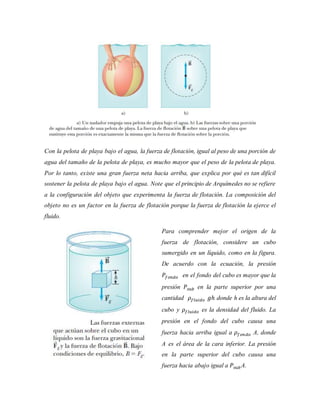 Con la pelota de playa bajo el agua, la fuerza de flotación, igual al peso de una porción de
agua del tamaño de la pelota de playa, es mucho mayor que el peso de la pelota de playa.
Por lo tanto, existe una gran fuerza neta hacia arriba, que explica por qué es tan difícil
sostener la pelota de playa bajo el agua. Note que el principio de Arquímedes no se refiere
a la configuración del objeto que experimenta la fuerza de flotación. La composición del
objeto no es un factor en la fuerza de flotación porque la fuerza de flotación la ejerce el
fluido.
Para comprender mejor el origen de la
fuerza de flotación, considere un cubo
sumergido en un líquido, como en la figura.
De acuerdo con la ecuación, la presión
𝑃𝑓𝑜𝑛𝑑𝑜 en el fondo del cubo es mayor que la
presión 𝑃𝑠𝑢𝑏 en la parte superior por una
cantidad 𝜌𝑓𝑙𝑢𝑖𝑑𝑜 𝑔ℎ donde h es la altura del
cubo y 𝜌𝑓𝑙𝑢𝑖𝑑𝑜 es la densidad del fluido. La
presión en el fondo del cubo causa una
fuerza hacia arriba igual a 𝜌𝑓𝑜𝑛𝑑𝑜 A, donde
A es el área de la cara inferior. La presión
en la parte superior del cubo causa una
fuerza hacia abajo igual a 𝑃𝑠𝑢𝑏A.
 