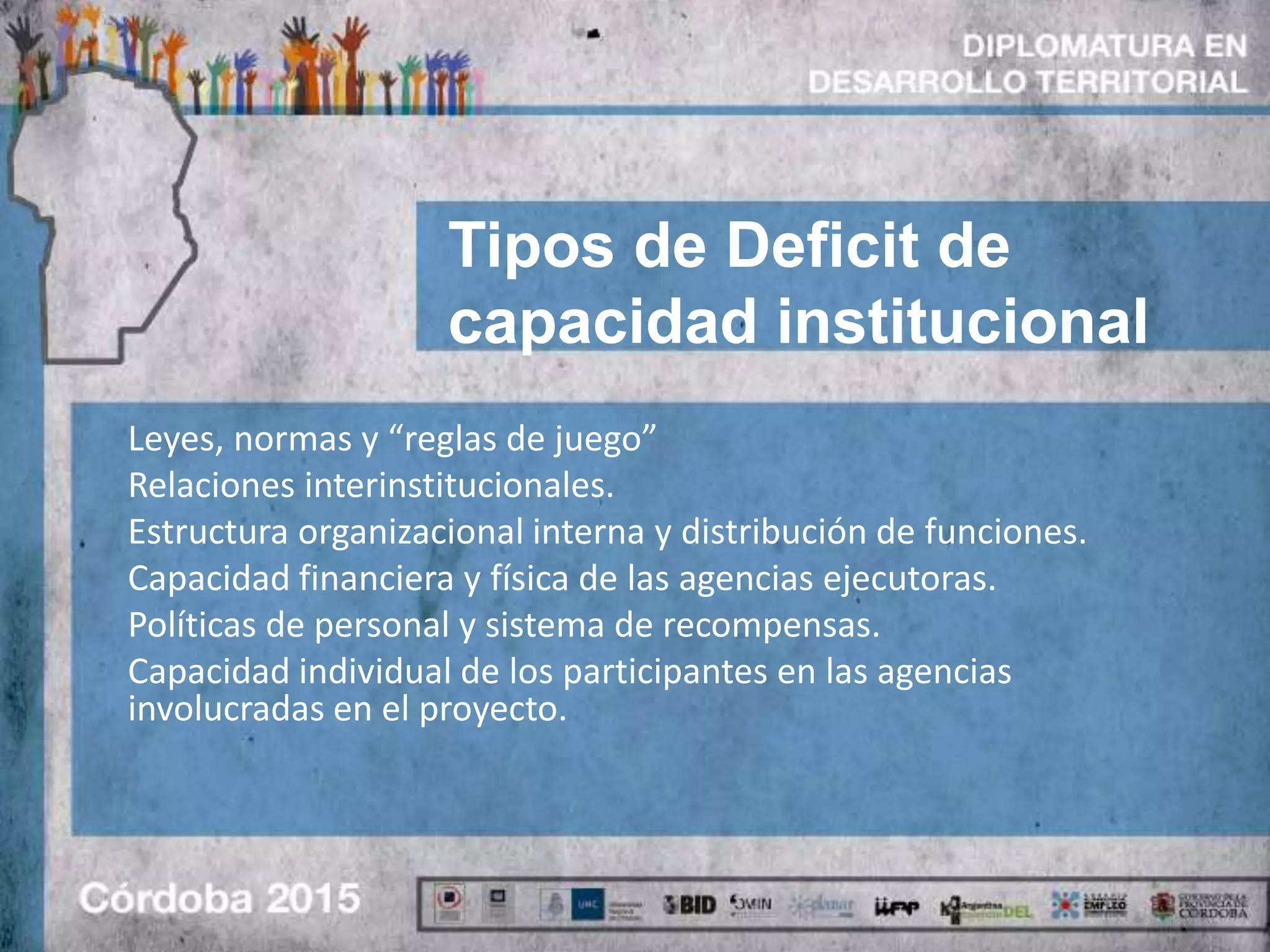 Tipos de Deficit de
capacidad institucional
Leyes, normas y “reglas de juego”
Relaciones interinstitucionales.
Estructura organizacional interna y distribución de funciones.
Capacidad financiera y física de las agencias ejecutoras.
Políticas de personal y sistema de recompensas.
Capacidad individual de los participantes en las agencias
involucradas en el proyecto.
 