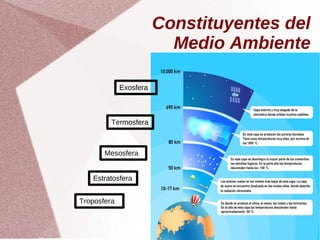 Constituyentes del
Medio Ambiente
Troposfera
Estratosfera
Mesosfera
Termosfera
Exosfera
 