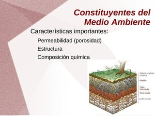 Constituyentes del
Medio Ambiente
Características importantes:
Permeabilidad (porosidad)
Estructura
Composición química
 