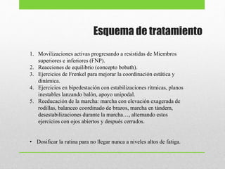 Esquema de tratamiento
1. Movilizaciones activas progresando a resistidas de Miembros
superiores e inferiores (FNP).
2. Reacciones de equilibrio (concepto bobath).
3. Ejercicios de Frenkel para mejorar la coordinación estática y
dinámica.
4. Ejercicios en bipedestación con estabilizaciones rítmicas, planos
inestables lanzando balón, apoyo unipodal.
5. Reeducación de la marcha: marcha con elevación exagerada de
rodillas, balanceo coordinado de brazos, marcha en tándem,
desestabilizaciones durante la marcha…, alternando estos
ejercicios con ojos abiertos y después cerrados.
• Dosificar la rutina para no llegar nunca a niveles altos de fatiga.
 