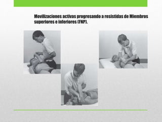 Movilizaciones activas progresando a resistidas de Miembros
superiores e inferiores (FNP).
 