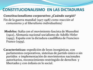 CONSTITUCIONALISMO EN LAS DICTADURAS
Constitucionalismo corporativo: ¿Cuándo surgió?
Fin de la guerra mundial (1917-1918) como reacción al
comunismo y al liberalismo individualista)
Modelos: Italia con el movimiento fascista de Mussolini
(1922), Alemania nacional socialismo de Adolfo Hitler
(1993), España con la dictadura caudillista de Francisco
Franco (1939).
Características: expedición de leyes inorgánicas, con
parlamentos corporativos, sistemas de partido único o sin
partidos e implementación de movimientos nacionales
autoritarios, reconocimiento restringido de derechos y
libertades y con énfasis en lo social.
 