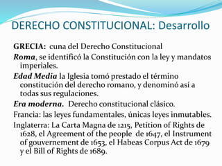 DERECHO CONSTITUCIONAL: Desarrollo
GRECIA: cuna del Derecho Constitucional
Roma, se identificó la Constitución con la ley y mandatos
imperiales.
Edad Media la Iglesia tomó prestado el término
constitución del derecho romano, y denominó así a
todas sus regulaciones.
Era moderna. Derecho constitucional clásico.
Francia: las leyes fundamentales, únicas leyes inmutables.
Inglaterra: La Carta Magna de 1215, Petition of Rights de
1628, el Agreement of the people de 1647, el Instrument
of gouvernement de 1653, el Habeas Corpus Act de 1679
y el Bill of Rights de 1689.
 