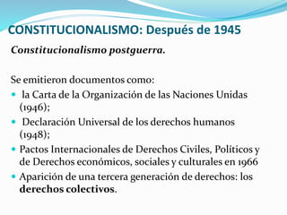 CONSTITUCIONALISMO: Después de 1945
Constitucionalismo postguerra.
Se emitieron documentos como:
 la Carta de la Organiza...
