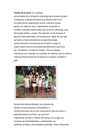 Familia de la selva: En nuestras
comunidades de la amazonia (selva peruana) existe una gran
variedad de unidades familiares que difieren entre sí en
sus patrones de organización social, cultural e incluso
laboral. Su estilo de vida y organización responden a
modelos culturales tradicionales que los hacen diferentes a las
del mundo andino y urbano. Por ejemplo, en los Campos el
ejercicio dela paternidad y reconocimiento "legal" de sus hijos
se hacen a través de prácticas o costumbres tales
como amarrarse una cinta roja en la frente y cargar al
recién nacido ante la comunidad para demostrar que es su
hijo. Se dedican a la tala de árboles. Viven en aldeas,
construyen sus viviendas con paredes de madera y por su parte el
material predominante de los techos es la palma, la estera o
paja.
Durante las últimas décadas, los procesos de
rápidas transformaciones demográficas y
socioeconómicas que se han producido en todo el mundo, y
particularmente en el Perú, así como las
migraciones rápidas y masivas del campo a la ciudad, los
procesos de industrialización y urbanización, los
conflictos armados y los desastres naturales, vienen influyendo
 