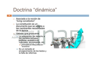 Doctrina “dinámica”
 Asociada a la noción de
“living constitution”
 La constitución es un
documento que se adapta a
las cambiantes necesidades
de la época
 Valores que promueve:
 La adaptación del derecho a
los cambios sociales,
políticos, económicos,
culturales, tecnológicos, etc.
 promueve la interpretación
“evolutiva”
 Es un remedio el
envejecimiento de los textos y
la falta de reformas
34
 
