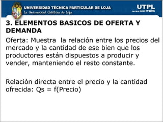 3. ELEMENTOS BASICOS DE OFERTA Y DEMANDA Oferta: Muestra  la relación entre los precios del mercado y la cantidad de ese bien que los productores están dispuestos a producir y vender, manteniendo el resto constante. Relación directa entre el precio y la cantidad ofrecida: Qs = f(Precio) 