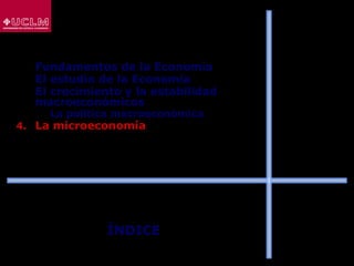ÍNDICE
1. Fundamentos de la Economía
2. El estudio de la Economía
3. El crecimiento y la estabilidad
macroeconómicos
 La política macroeconómica
4. La microeconomía
 