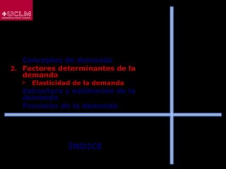 ÍNDICE
1. Conceptos de demanda
2. Factores determinantes de la
demanda
 Elasticidad de la demanda
3. Estructura y estimación de la
demanda
4. Previsión de la demanda
 