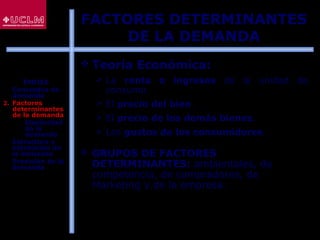 59
 Teoría Económica:
 La renta o ingresos de la unidad de
consumo.
 El precio del bien.
 El precio de los demás bienes.
 Los gustos de los consumidores.
 GRUPOS DE FACTORES
DETERMINANTES: ambientales, de
competencia, de compradores, de
Marketing y de la empresa.
FACTORES DETERMINANTES
DE LA DEMANDA
ÍNDICE
1. Conceptos de
demanda
2. Factores
determinantes
de la demanda
 Elasticidad
de la
demanda
3. Estructura y
estimación de
la demanda
4. Previsión de la
demanda
 