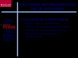 61
 FACTORES DE COMPETENCIA
 Clase y tipo de competidores.
 Actitud de los competidores actuales.
 Entrada de nuevos competidores.
 Acciones de Marketing de la
competencia.
FACTORES DETERMINANTES
DE LA DEMANDA
ÍNDICE
1. Conceptos de
demanda
2. Factores
determinantes
de la demanda
 Elasticidad
de la
demanda
3. Estructura y
estimación de
la demanda
4. Previsión de la
demanda
 