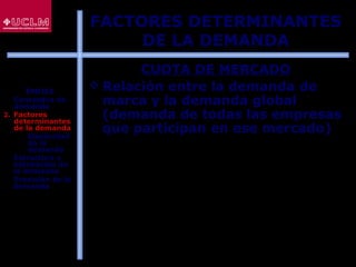 62
CUOTA DE MERCADO
 Relación entre la demanda de
marca y la demanda global
(demanda de todas las empresas
que participan en ese mercado)
ji
ii
i
qq
q
Q
q
m
+
==
FACTORES DETERMINANTES
DE LA DEMANDA
ÍNDICE
1. Conceptos de
demanda
2. Factores
determinantes
de la demanda
 Elasticidad
de la
demanda
3. Estructura y
estimación de
la demanda
4. Previsión de la
demanda
 