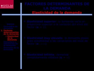 70
 Elasticidad superior: la demanda varía en
proporción superior a la variación del nivel del
factor (ef > 1).
 Elasticidad muy elevada: la demanda posee
gran sensibilidad a las variaciones del nivel de
factor (ef → ∞).
 Elasticidad infinita: demanda
completamente elástica (ef = ∞)
q
f
q
f
q
f
FACTORES DETERMINANTES DE
LA DEMANDA
Elasticidad de la demanda
ÍNDICE
1. Conceptos de
demanda
2. Factores
determinantes
de la demanda
 Elasticidad
de la
demanda
3. Estructura y
estimación de
la demanda
4. Previsión de la
demanda
 