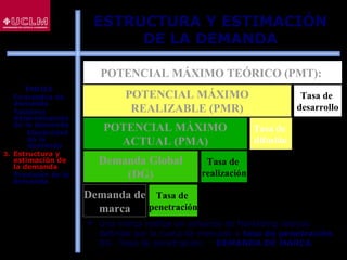 78
POTENCIAL MÁXIMO TEÓRICO (PMT):
Tasa de
desarrollo
POTENCIAL MÁXIMO
ACTUAL (PMA)
POTENCIAL MÁXIMO
REALIZABLE (PMR)
Tasa de
difusión
Tasa de
penetración
Demanda de
marca
 Una marca realiza un esfuerzo de Marketing relativo
definido por la cuota de mercado o tasa de penetración.
DG ⋅ Tasa de penetración: DEMANDA DE MARCA
Demanda Global
(DG)
Tasa de
realización
ESTRUCTURA Y ESTIMACIÓN
DE LA DEMANDA
ÍNDICE
1. Conceptos de
demanda
2. Factores
determinantes
de la demanda
 Elasticidad
de la
demanda
3. Estructura y
estimación de
la demanda
4. Previsión de la
demanda
 