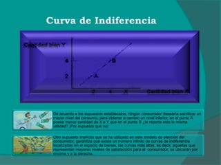 De acuerdo a los supuestos establecidos, ningún consumidor desearía sacrificar un
mayor nivel del consumo, para obtener a cambio un nivel inferior, en el punto A
posee menor cantidad de X e Y que en el punto B ¿le reporta esto la misma
utilidad? ¡Por supuesto que no!
Otro supuesto implícito que se ha utilizado en este modelo de elección del
consumidor, garantiza que existe un número infinito de curvas de indiferencia
localizadas en el espacio de bienes, las curvas más altas, es decir, aquellas que
representan mayores niveles de satisfacción para el consumidor, se ubicarán por
encima y a la derecha.
 