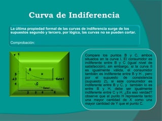 La última propiedad formal de las curvas de indiferencia surge de los
supuestos segundo y tercero, por lógica, las curvas no se pueden cortar.
Comprobación:
Compare los puntos B y C, ambos
situados en la curva I. El consumidor es
indiferente entre B y C (igual nivel de
satisfacción), sin embargo, si la curva II
es igualmente válida, el consumidor
también es indiferente entre B y H , pero
por el supuesto de consistencia
(supuesto 2), si este consumidor es
indiferente entre B y C, y también lo es
entre B y H, debe ser igualmente
indiferente entre C y H. ¿Es eso verdad?
observe que el punto H representa tanto
una mayor cantidad de X como una
mayor cantidad de Y que el punto C.
 